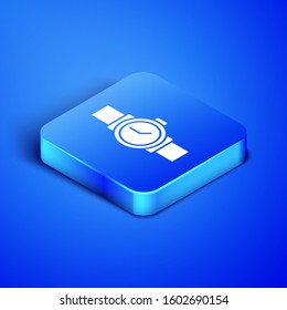 Isometric Wrist watch icon isolated on blue background. Wristwatch icon. Blue square button. Vector Illustration