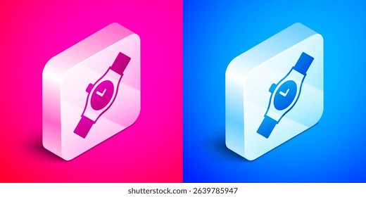 Isometric Wrist watch icon isolated on pink and blue background. Wristwatch icon. Silver square button. Vector