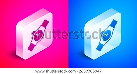 Isometric Wrist watch icon isolated on pink and blue background. Wristwatch icon. Silver square button. Vector