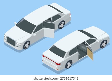 Isométrico Escribir coche de limusina. Coche VIP. Viajes de negocios. Vehículo de lujo. transporte Urbana. Concepto de vehículo Premium para negocios, seguridad, viajes VIP, servicio de chofer y transporte de élite