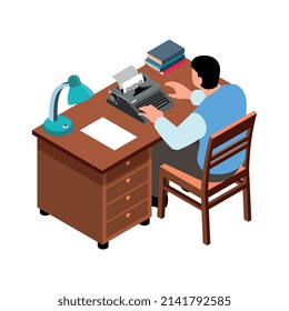 Isometric writer using typewriter at desk in office 3d vector illustration