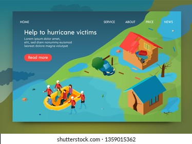 Isometric is Written Help to Hurricane Victims. Rescue Service Evacuates Residents from Homes Destroyed by Hurricane. Rescuers Carry Boat Victims  Flood. Destruction and Damage from Natural Disaster.