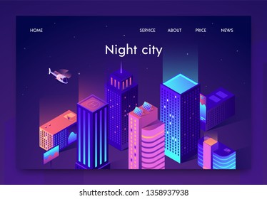 Isometric is Written Night City Landing Page. Buildings are Illuminated with Bright Light, Helicopter Flies Sky. Technologies are Integrated into Structures, Cost Reduction and Resource Consumption. Isometric is Written Night City Landing Page. Buildings are Illuminated with Bright Light, Helicopter Flies Sky. Technologies are Integrated into Structures, Cost Reduction and Resource Consumption.
