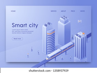 Isometric is Written Smart City Landing Page. Layout Large Modern City. Vehicles on Streets Megalopolis. Ground Speed Metro. Glass Buildings for Offices, Shopping Centers, Apartments.