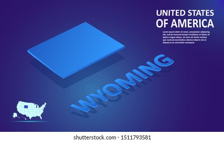 Isometric WYOMING State map on blue and glowing background. 3D Detailed Map in perspective with place for your text or description.Technology Information Graphic Elements for Website, app, UI, Travel