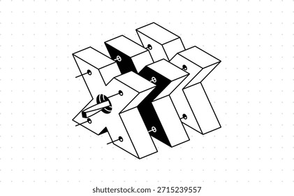 Forma de letra isométrica X feita a partir de blocos 3D empilhados com parafusos e parafusos, ilustração técnica monocromática sobre fundo de grade pontilhada, simbolizando personalização, engenharia, clonagem, configuração do sistema 