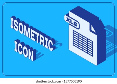 Isometric XLS file document. Download xls button icon isolated on blue background. Excel file symbol.  Vector Illustration