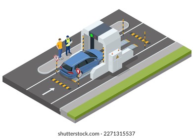 Isometric X-ray car scanner. Mobile x-ray scanning system is used against smuggling. Customs control on border checkpoint.