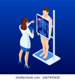 Isometric X-ray machine for scanning human body. Doctor checking examining chest x-ray film of patient. Roentgen of chest bone. Medical examination for surgery.