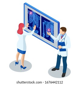 Isometric X-ray Machine For Scanning Human Body. Doctor Checking Examining Chest X-ray Film Of Patient. Roentgen Of Chest Bone. Medical Examination For Surgery.