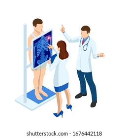 Isometric X-ray machine for scanning human body. Doctor checking examining chest x-ray film of patient. Roentgen of chest bone. Medical examination for surgery.