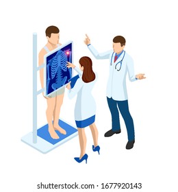 Isometric X-ray machine for scanning human body. Doctor checking examining chest x-ray film of patient. Roentgen of chest bone. Medical examination for surgery.