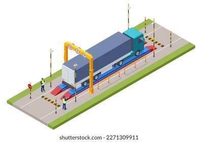 Escáner de camión de rayos X isométricos. Se utiliza un sistema móvil de rayos X contra el contrabando. Control aduanero en el puesto de control fronterizo.