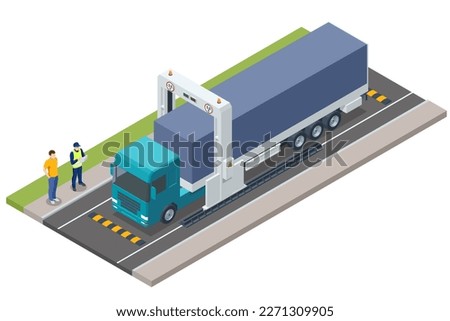 Isometric X-ray truck scanner. Mobile x-ray scanning system is used against smuggling. Customs control on border checkpoint.