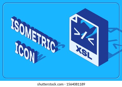 Isometric XSL file document. Download xsl button icon isolated on blue background. Excel file symbol.  Vector Illustration