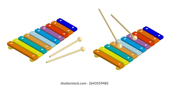 Isometric Xylophone musical instrument of percussion idiophones. Xylophone made of plates and percussion sticks top view. aerial view. Realistic 3D vector concept isolated on white background