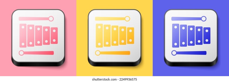 Isometric Xylophone - musical instrument with thirteen wooden bars and two percussion mallets icon isolated on pink, yellow and blue background. Square button. Vector