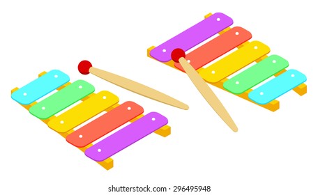 Isometric xylophone. The objects are isolated against the white background and shown from two sides