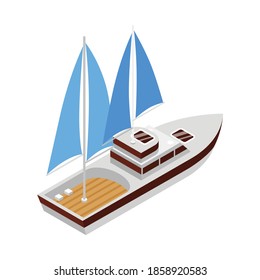 Isometric yacht boat composition with isolated image of boat with sail on blank background vector illustration