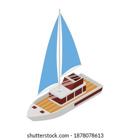 Isometric yacht club composition with isolated image of yacht with sail vector illustration