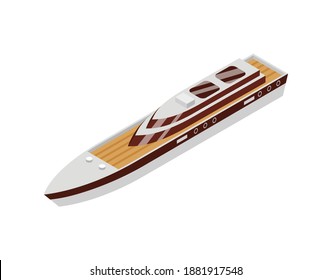 Isometric yacht club composition with isolated image of long boat yacht vector illustration