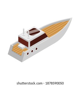 Isometric yacht club composition with small modern cruiser yacht on blank background vector illustration