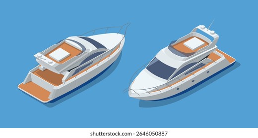 Isometric yacht moving on blue water. The yacht is leaving a wake behind as it sails. Travel, luxury, marine transport, or summer vacation. Top view of a modern, luxurious yacht speeding on water.