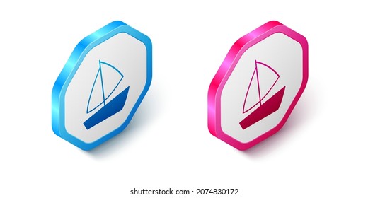 Isometric Yacht sailboat or sailing ship icon isolated on white background. Sail boat marine cruise travel. Hexagon button. Vector