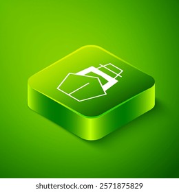 Isometric Yacht sailboat or sailing ship icon isolated on green background. Sail boat marine cruise travel. Green square button. Vector