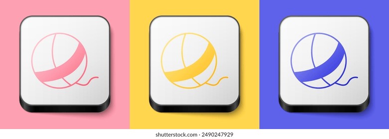 Isometric Yarn ball icon isolated on pink, yellow and blue background. Label for hand made, knitting or tailor shop. Square button. Vector