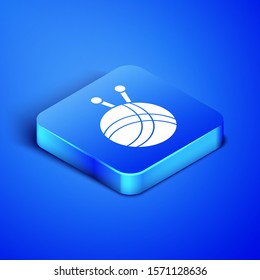 Isometric Yarn ball with knitting needles icon isolated on blue background. Label for hand made, knitting or tailor shop. Blue square button. Vector Illustration