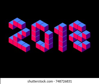 Isometric year blue and red number on black 2018 pixel isometric lettering on black. Blue red isometric pixel voxel  inscription 2018 lettering. 2018 Vector numbers 2018 in isometric pixels