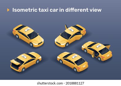 Isometric yelllow taxi car in different view (with open doors and trunk).