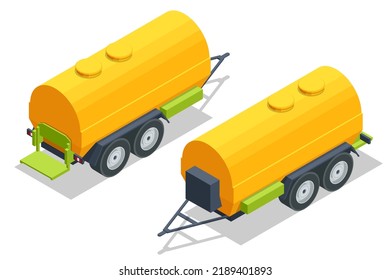 Isometric yellow agriculture tank trailer or wheeled trailer with water tank