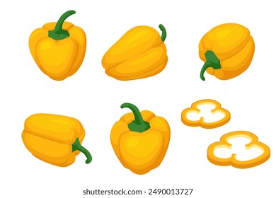 Isometric Yellow bell peppers are fresh vegetables commonly used in salads. They add crunch, and a mild, sweet flavour to dishes. Red pepper is a vibrant vegetable used in cooking