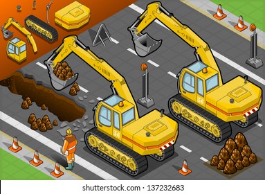 Isometric Yellow Bulldozer Escavator In Rear View. Earth Mover Excavator In Two Positions.