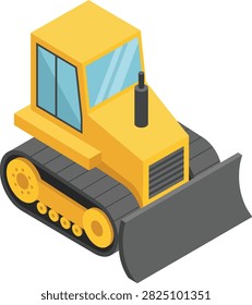 Isometric yellow bulldozer with grey blade and tracks.
