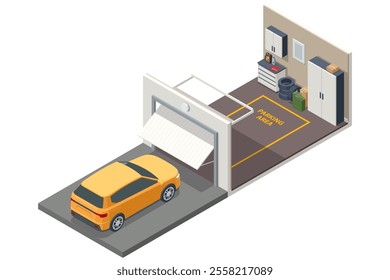 Isometric yellow car entering a private garage with the door partially open. The garage is labeled Parking Area and features organized storage with cabinets, tools, and spare tires