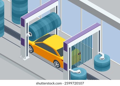 Isometric yellow car is inside an automatic car wash tunnel. Large rotating brushes and hanging strips clean the vehicle. The system is fully automated for convenience and efficiency.