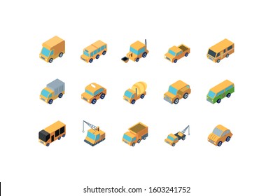 Isometric yellow cars icon set design, Transportation vehicle transport wheel speed traffic road and travel theme Vector illustration