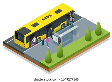 Isometric yellow City Bus at a bus stop. People get in and out of the bus. Public transport with driver and people.