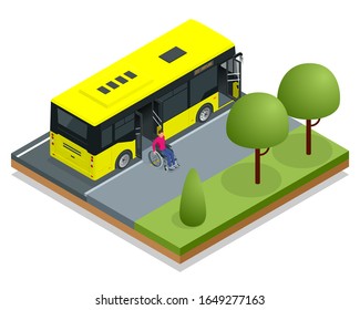 Isometric yellow City Bus at a bus stop. Man in a wheelchair leaves the bus. Access ramp for disabled persons and babies in a bus. Driver helping Man enter into the transport via wheelchair ramp.