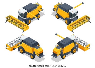 Isometric yellow Combine harvester isolated on white. Combine harvester harvests ripe wheat. Agriculture concept. Reaping, threshing, gathering, and winnowing
