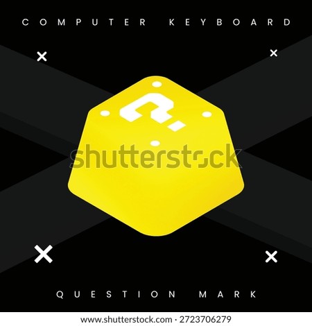 Isometric yellow computer keyboard key with a white question mark. Vector illustration of a 3D button on a dark abstract background. Concept for FAQ, help, support, and technology
