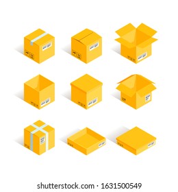 Isometric yellow delivery box set isolated on white background. 3d Online shipping and transportation vector illustration. Can use for web, mobile apps, infographics, warehouse storage design