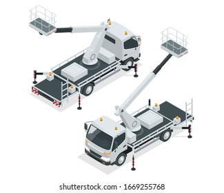 Isometric Yellow Engine Powered Scissor Lift isolated on white background. Vector illustration in a flat style. Modern Truck-mounted.