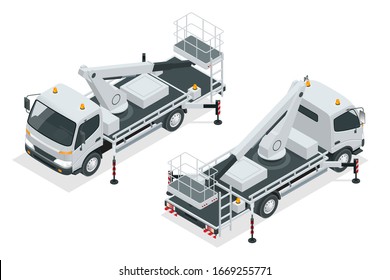 Isometric Yellow Engine Powered Scissor Lift isolated on white background. Vector illustration in a flat style. Modern Truck-mounted.