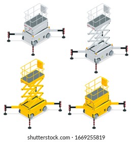 Isometric Yellow Engine Powered Scissor Lift isolated on white background. Vector illustration in a flat style. Modern Truck-mounted.