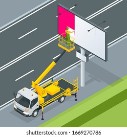 Isometric Yellow Engine Powered Scissor Lift. Worker With The Help Of An Automobile Tower Change A Poster On A Billboard.