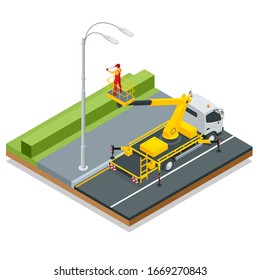 Isometric Yellow Engine Powered Scissor Lift. Worker with the help of an automobile tower change repairing a street pole.